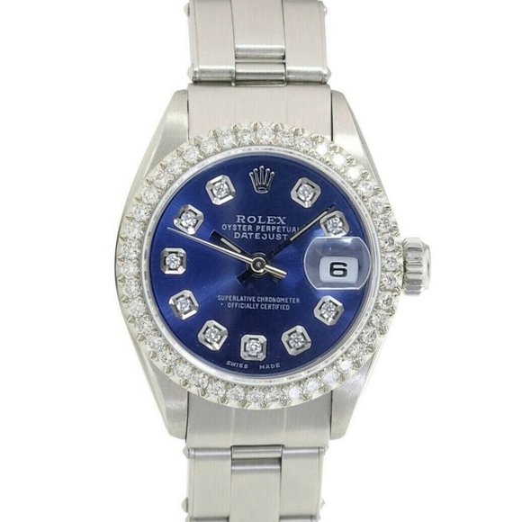 ROLEX DATEJUST LADIES 26 MM BLUE DIAMOND DIAL STAINLESS STEEL OYSTER WATCH 69160 - Picture 1 of 6